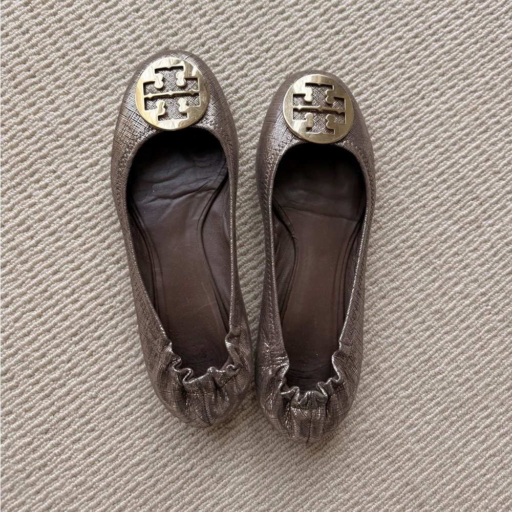Tory Burch Metallic Bronze Logo Ballet Flats